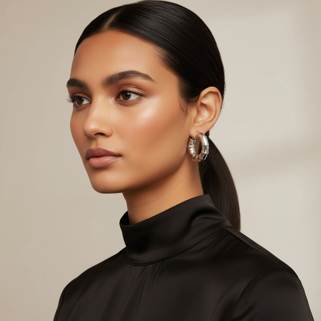 Silver Textured Chunky Hoop Earrings - Stainless Steel