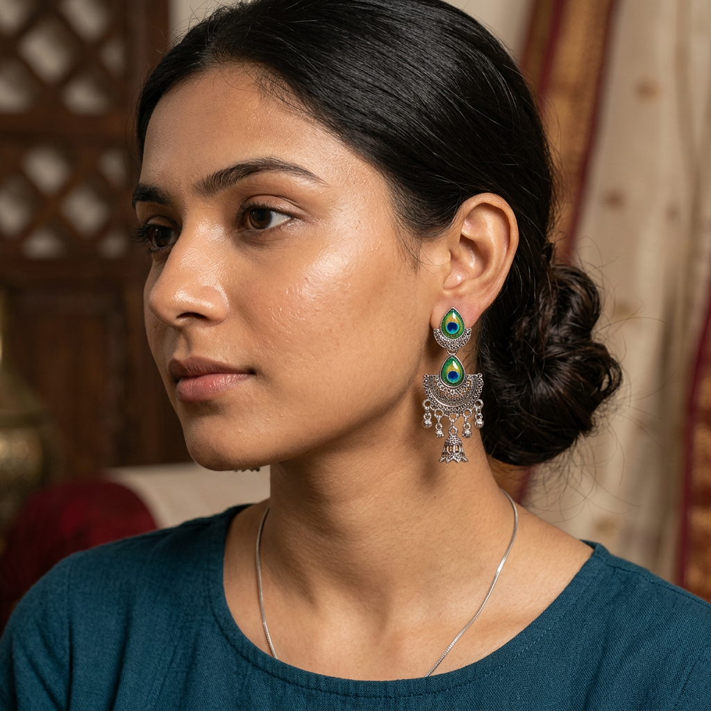 Oxidised Silver Peacock Stone Jhumka Earrings with Ghungroo Drops