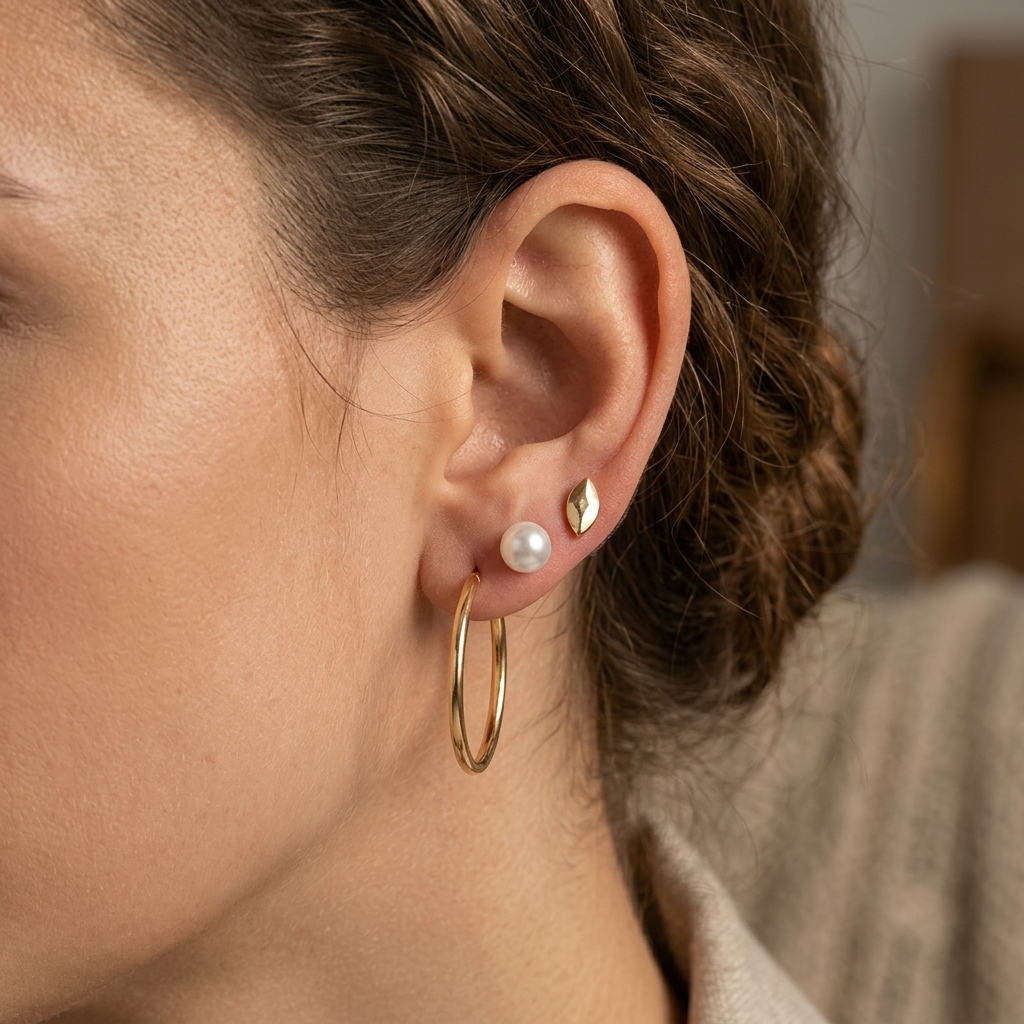 3 Pair Earrings Set – Gold Hoops, Pearl Studs & Minimal Leaf Studs