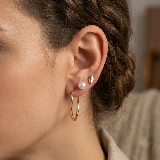 3 Pair Earrings Set – Gold Hoops, Pearl Studs & Minimal Leaf Studs