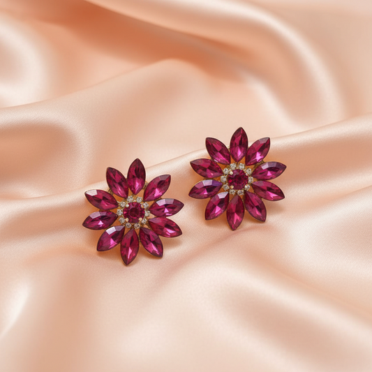 Ruby Pink Floral Crystal Statement Stud Earrings-Stainless steel