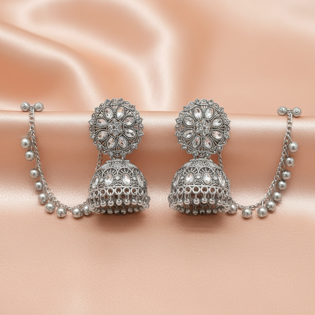 Oxidised Silver Jhumka Earrings with Chain & Stone Detailing-Stainless steel