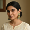 Golden Mirror Statement Earrings with Mangtika with Pastel Beads- Stainless steel