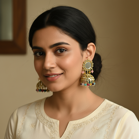 Golden Mirror Earrings with Maangtika – Pastel Bead Ethnic Jewellery India