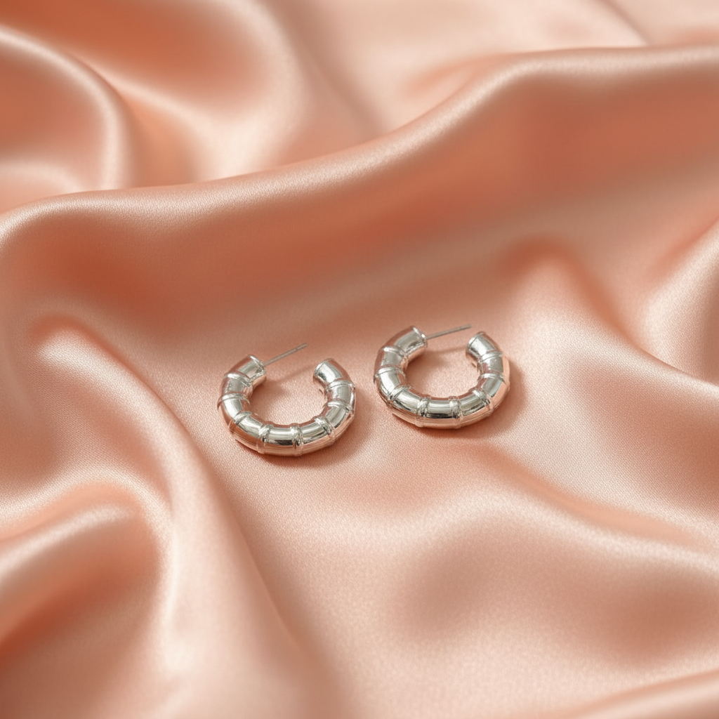 Silver Textured Chunky Hoop Earrings - Stainless Steel