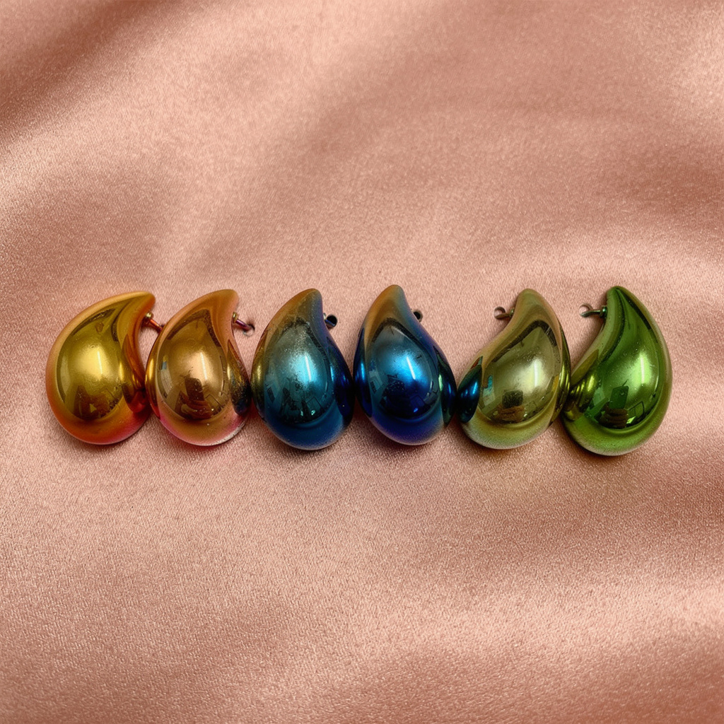 Gradient Metallic Drop Stud Earrings Set (3 Pairs) – Korean Style Glossy Finish