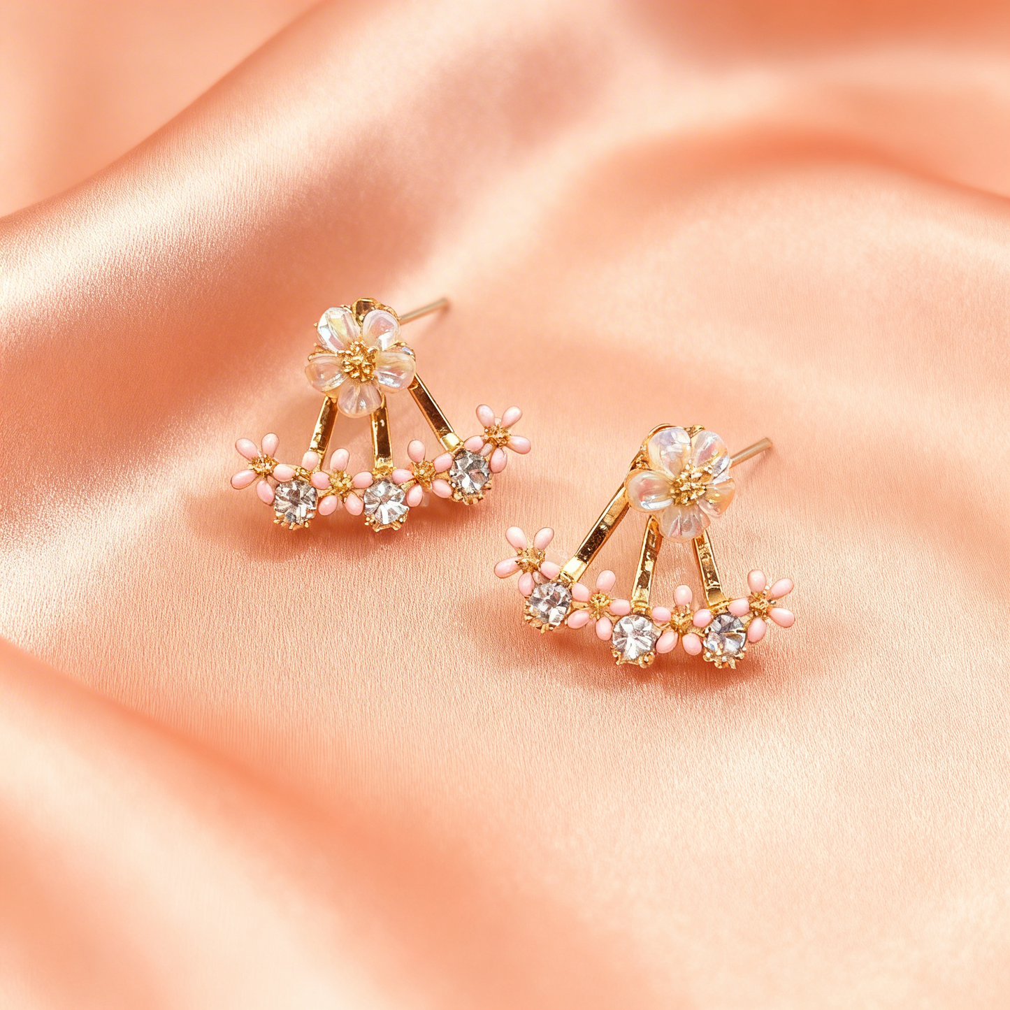 Delicate Floral Vine Stud Earrings – Gold-Tone Pink Crystal Ear Climbers- Stainless steel