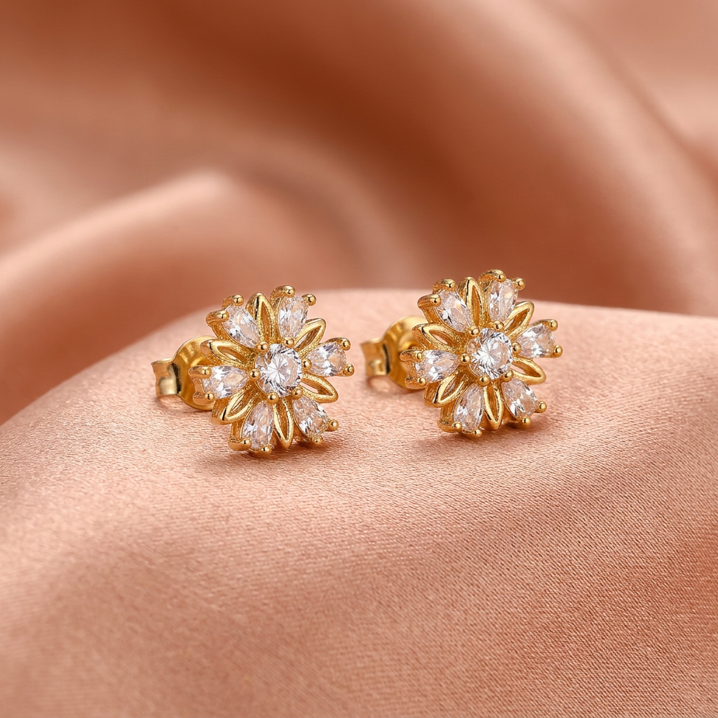 Premium Floral CZ Stud Earrings – Gold Finish-American Diamond