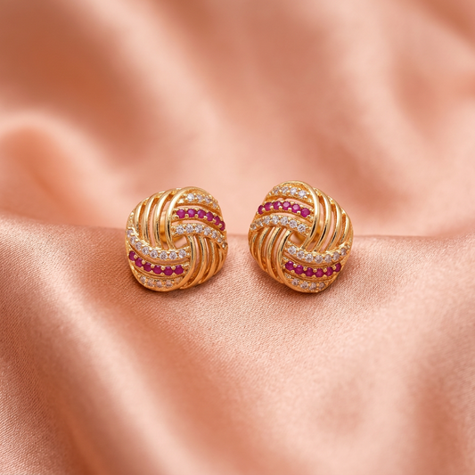 Premium Knot Design CZ Stud Earrings with Ruby Accents – Gold Finish-American Diamond