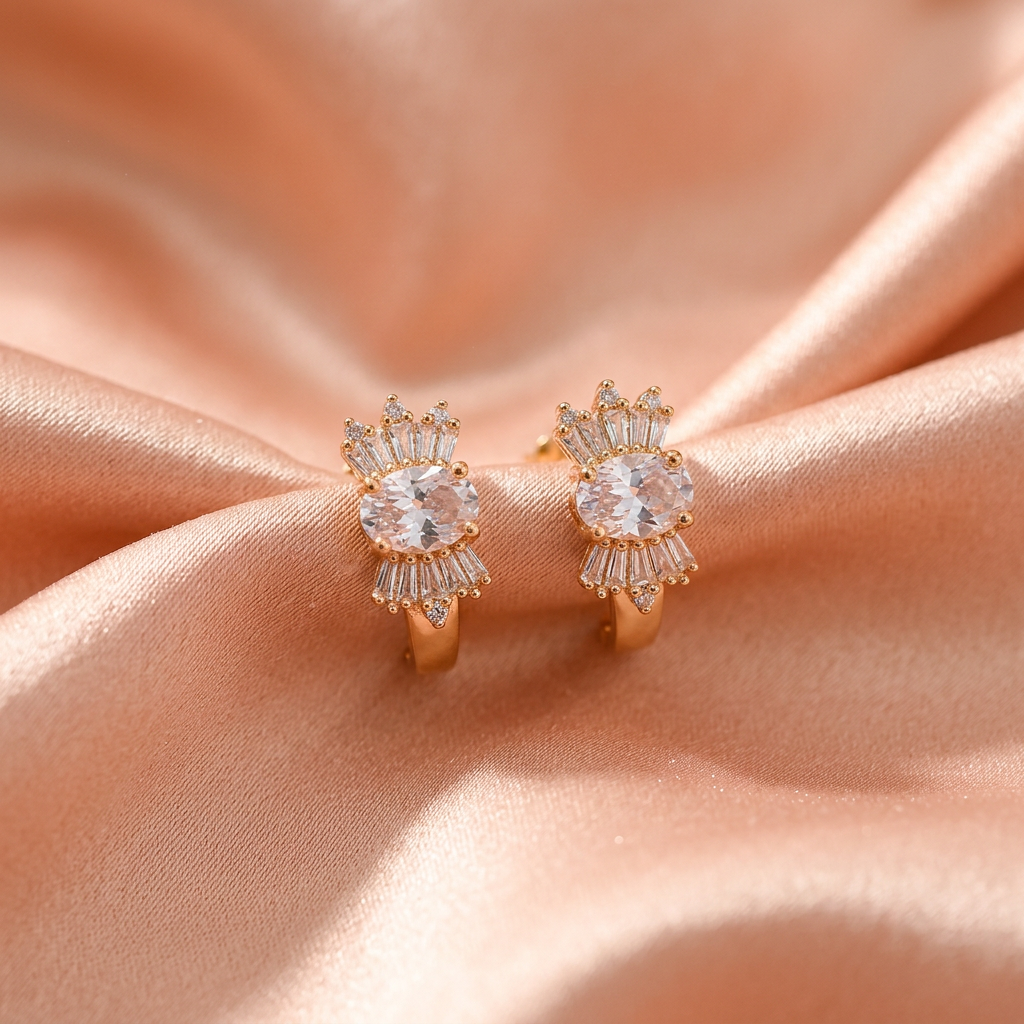 Premium Crown CZ Stud Earrings – Gold Finish-American Diamond
