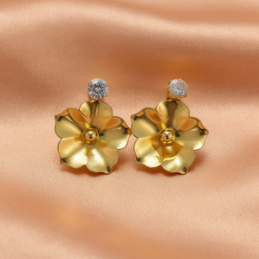 Gold-Plated Floral Statement Earrings with Crystal Stud