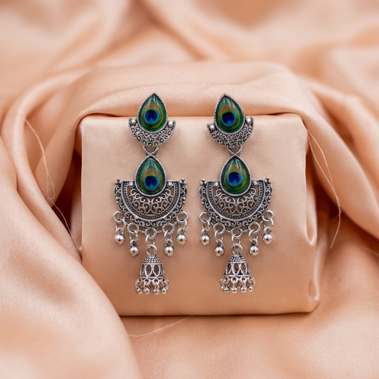 Oxidised Silver Peacock Stone Jhumka Earrings with Ghungroo Drops