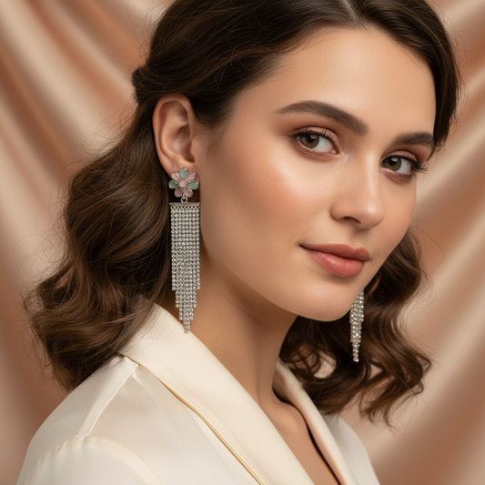Floral Stone Tassel Earrings – Crystal Fringe Statement Earrings India