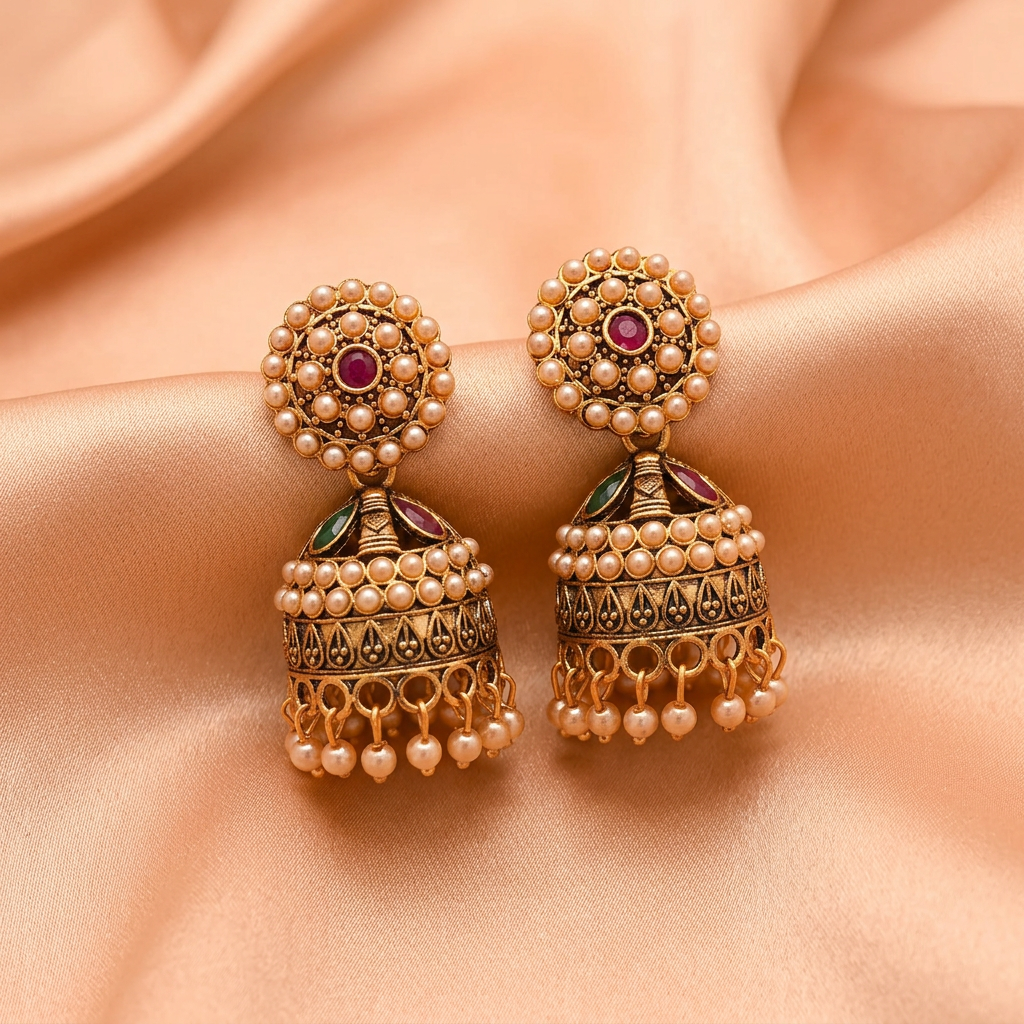 Antique Gold Pearl Studded Jhumka Earrings with Ruby & Green Stone Detailing