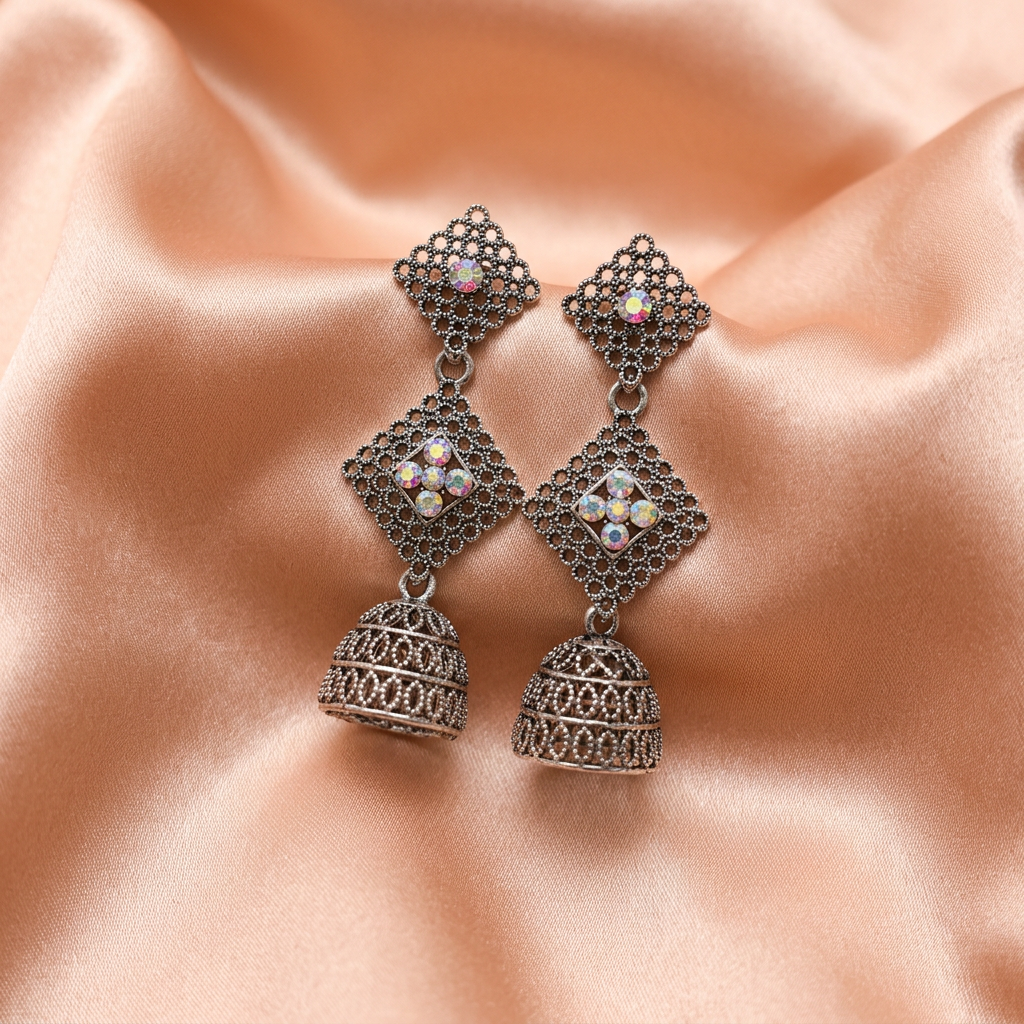 Oxidised Silver Stone Jhumka Earrings with Geometric Floral Design