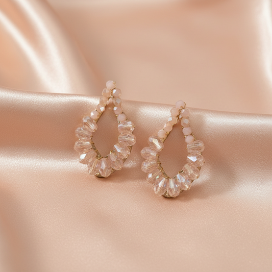 Blush Crystal Teardrop Hoop Earrings with Gold Detailing