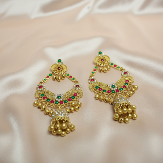 Traditional Gold Kundan Jhumka Earrings with Multi-Color Stones-Stainless steel