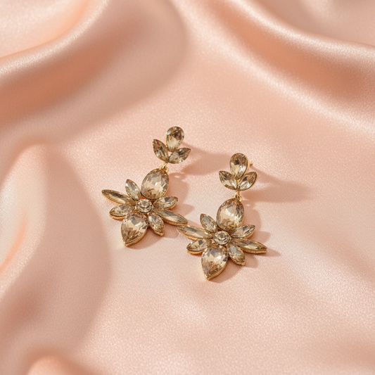 Champagne Gold Floral Crystal Drop Statement Earrings-Stainless steel