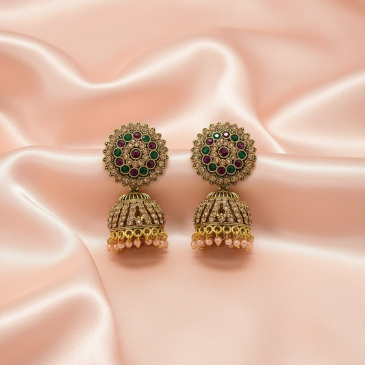 Antique Gold Multicolor Stone Jhumka Earrings with Pearl Drops-Stainless steel