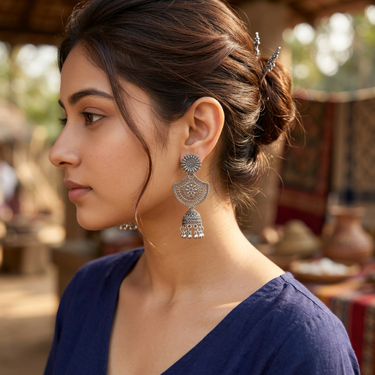 Oxidised Silver Jhumka Earrings with Floral Dome Detailing