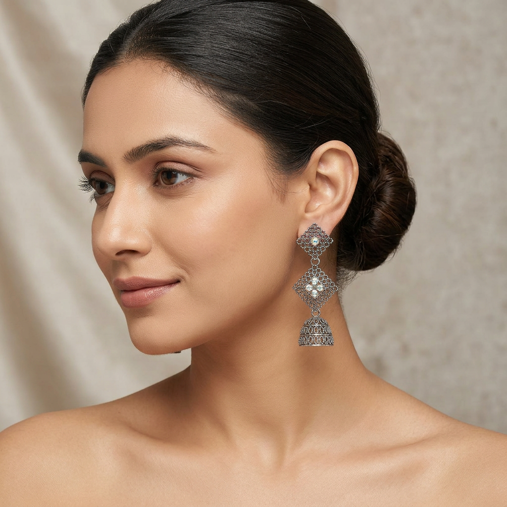 Oxidised Silver Stone Jhumka Earrings with Geometric Floral Design