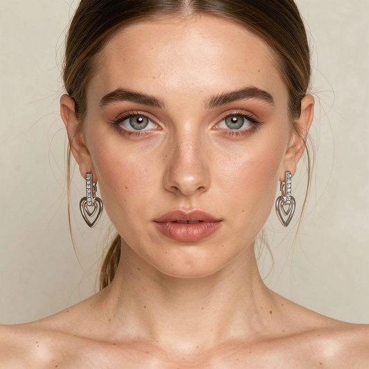 Silver-Tone CZ Heart Drop Earrings – Double Heart Design | BME