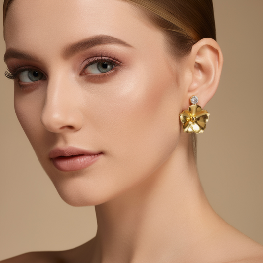 Gold-Plated Floral Statement Earrings with Crystal Stud | BME