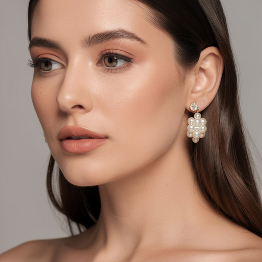 Pearl Cluster Drop Earrings with Crystal Stud – Elegant Statement Design