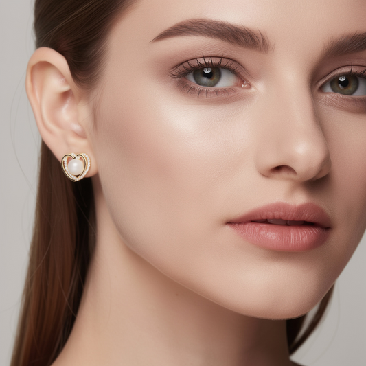 Dual-Tone Heart Stud Earrings with Crystal Detailing – Elegant Statement Design