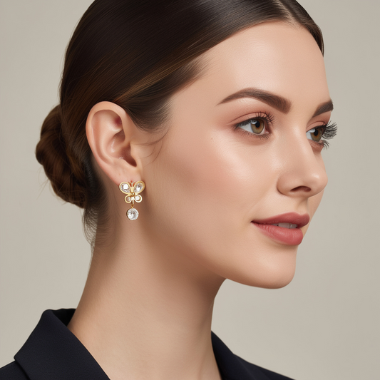 Gold-Plated Butterfly Drop Earrings with Crystal Charm – Elegant Statement Design