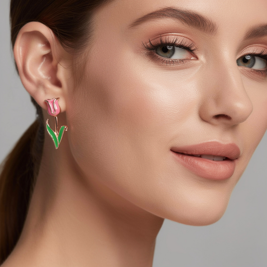 Rose Gold Tulip Drop Earrings – Floral Enamel Statement Design