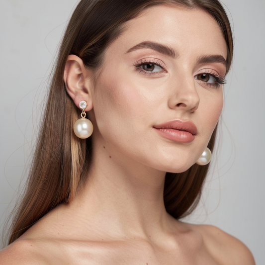Gold-Plated Pearl Drop Earrings with Crystal Stud – Classic Elegant Design
