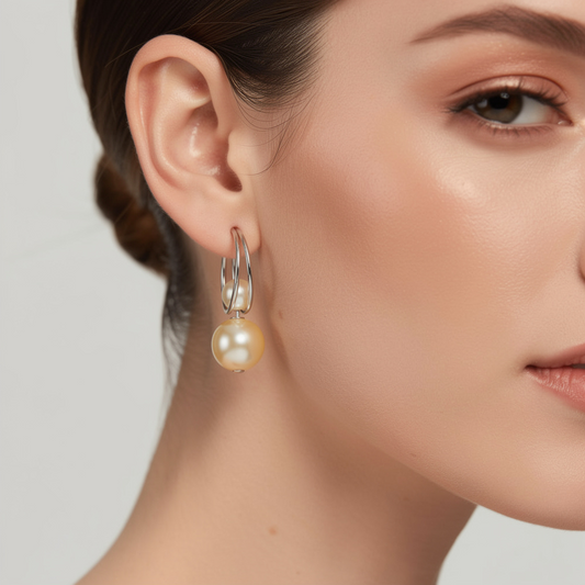 Silver-Tone Double Hoop Pearl Drop Earrings – Modern Elegant Design