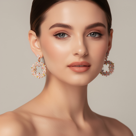 Rose Gold Floral Hoop Statement Earrings – Multicolor Crystal Design- Stainless Steel