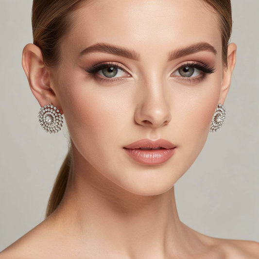 Silver Crystal Statement Stud Earrings – Floral Sparkle Design- Stainless Steel