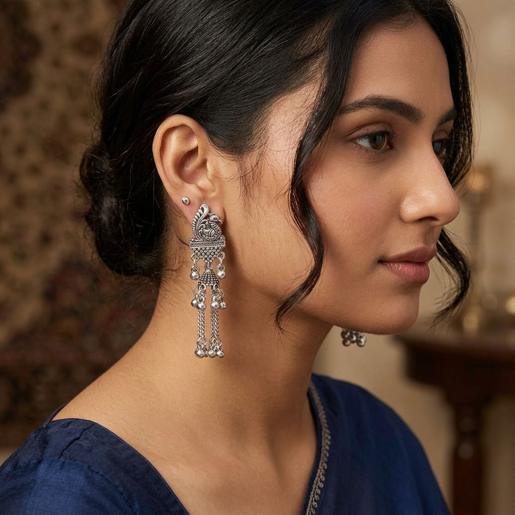 Oxidised Silver Peacock Chain Drop Earrings with Ghungroo Detailing