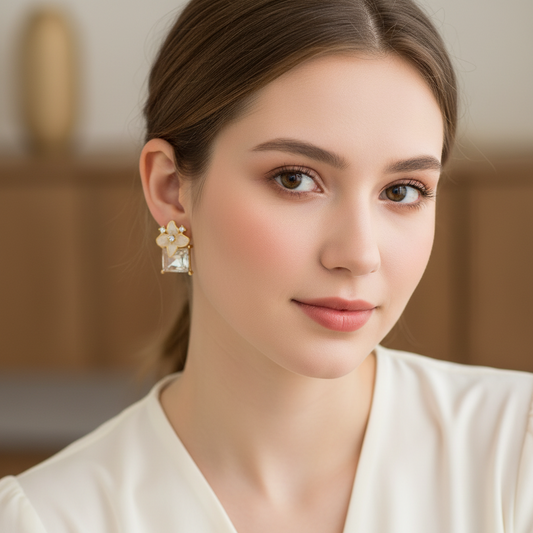 Floral Crystal Drop Earrings – Elegant Gold Finish Statement Design
