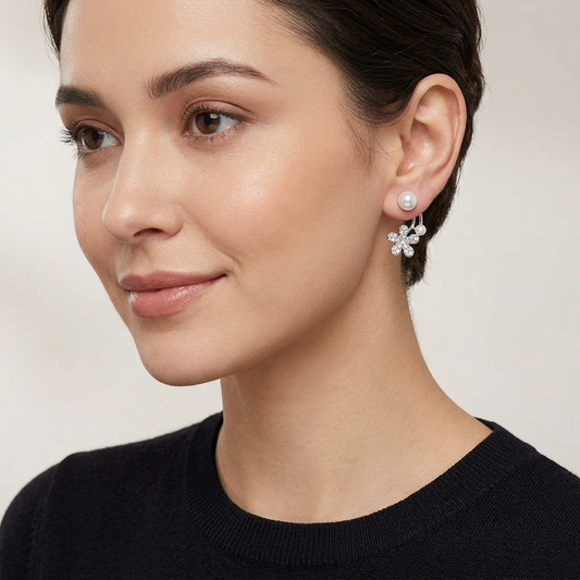 Pearl Stud & Crystal Floral Ear Jacket Earrings – Elegant Dual Style