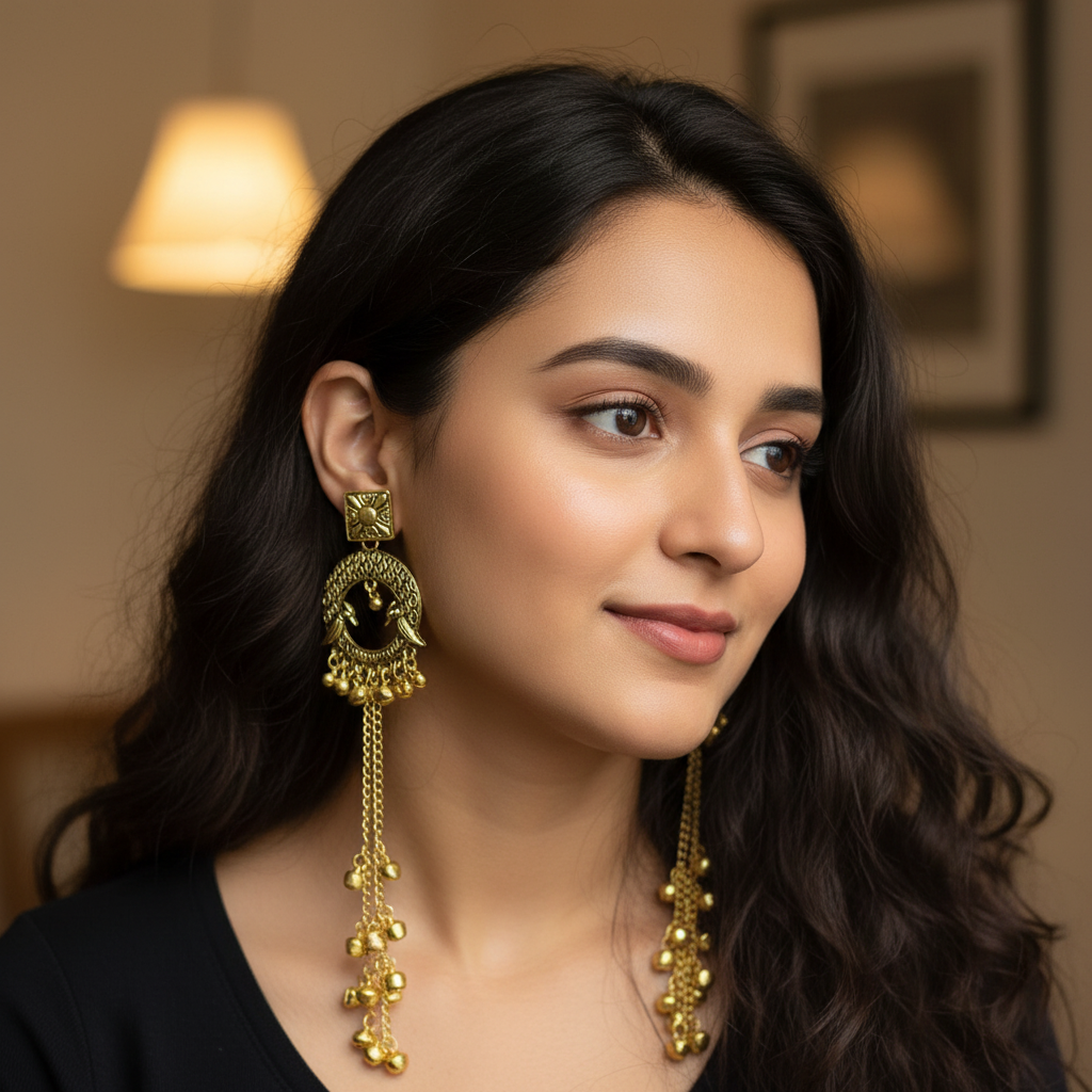 Antique Gold Bird Charm Chandbali Earrings with Chain Tassels- Stainless Steel