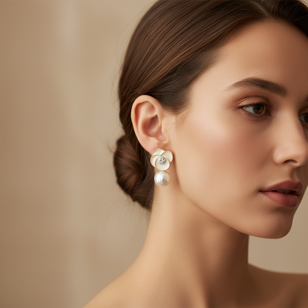 Pearl Bloom Drop Earrings – Elegant Floral Gold Finish Statement Design