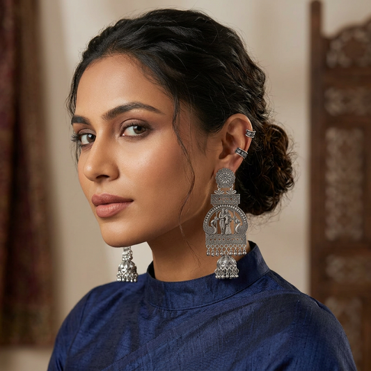 Oxidised Silver Peacock & Radha Krishna Jhumka Statement Earrings- Stainless Steel | BME