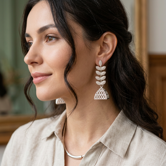 Oxidised Silver Leaf Drop Jhumka Earrings with Geometric Dome Design