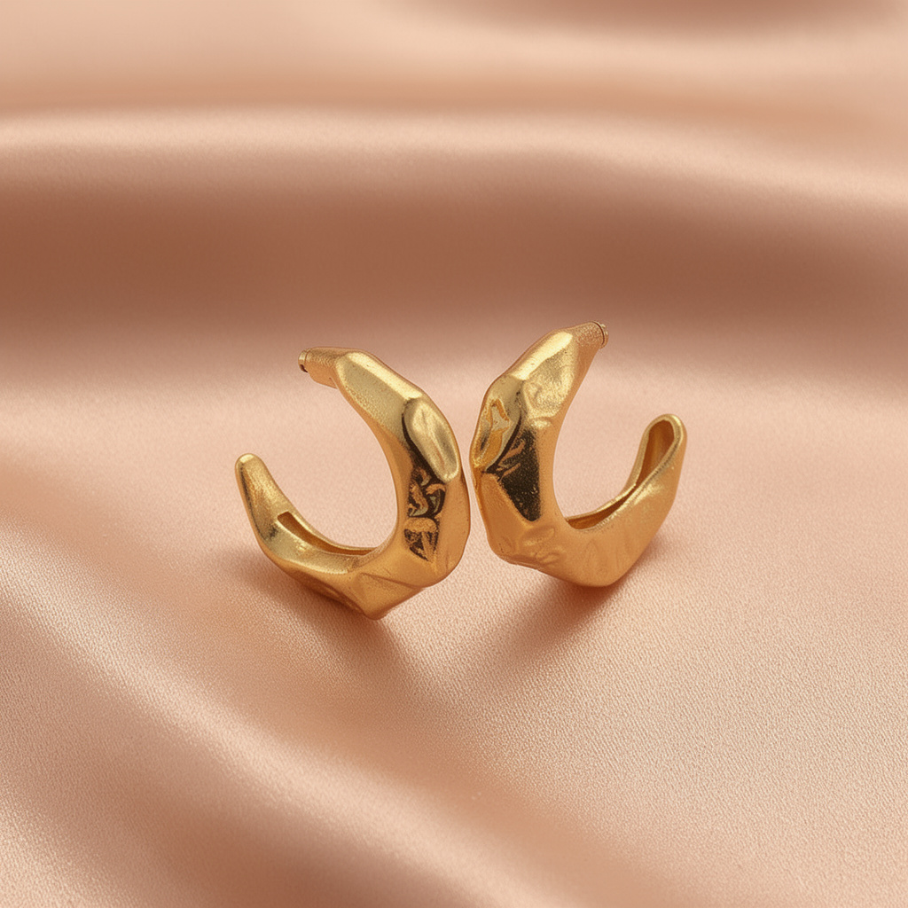 Gold Textured Hoop Earrings – Minimal Chunky Half Hoops- Stainless Steel