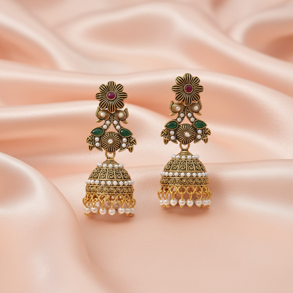 Royal Antique Gold Floral Jhumka Earrings with Pearl & Kundan Detailing-Stainless steel