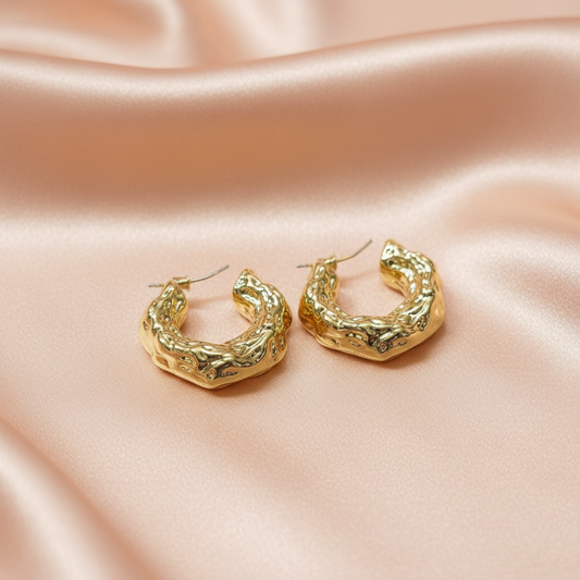 Hammered Gold Chunky Hoop Earrings – Bold Statement Jewelry- Stainless steel