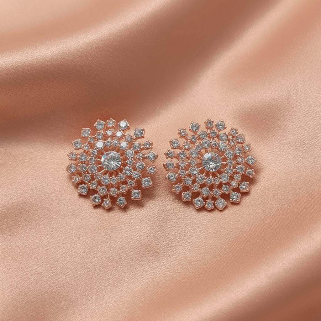Rose Gold Crystal Statement Stud Earrings – Floral Sparkle Design- Stainless Steel