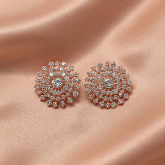 Rose Gold Crystal Statement Stud Earrings – Floral Sparkle Design- Stainless Steel