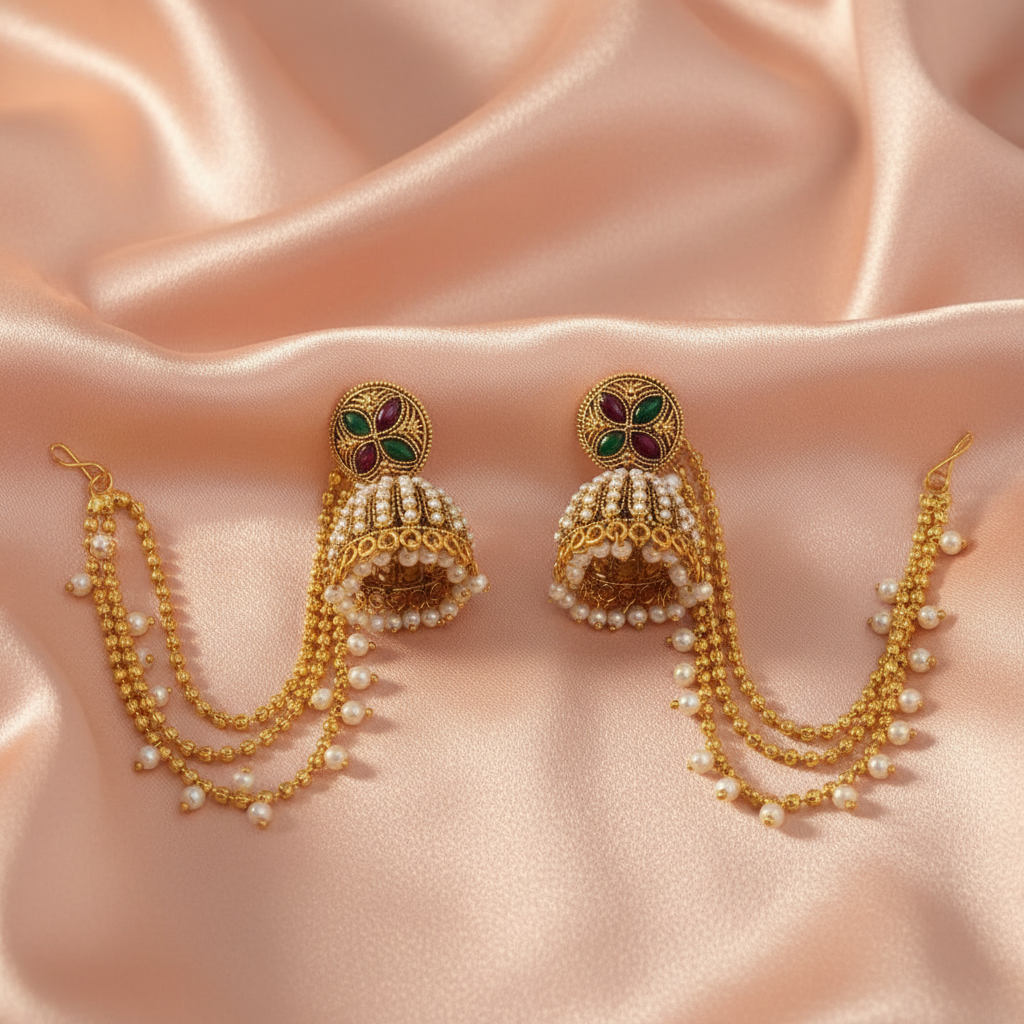 Royal Kundan Jhumka Earrings with Beaded Chains & Multi-Stone Detailing-Stainless steel