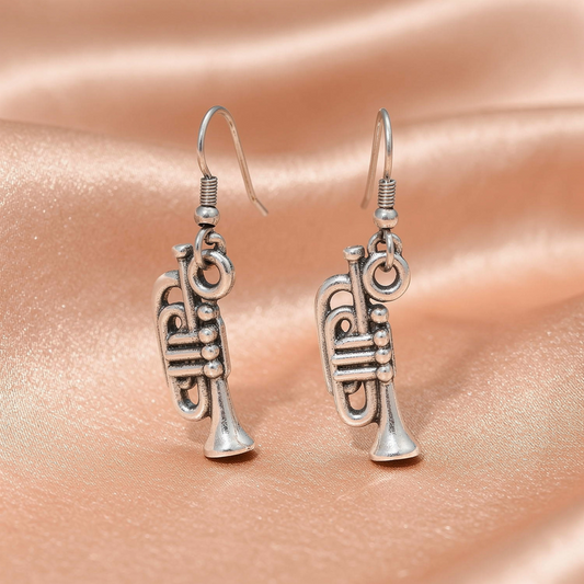 Vintage Trumpet Drop Earrings – Silver Finish Musical Charm