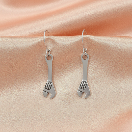 Minimalist Wrench Drop Earrings – Silver Finish Tool Charm